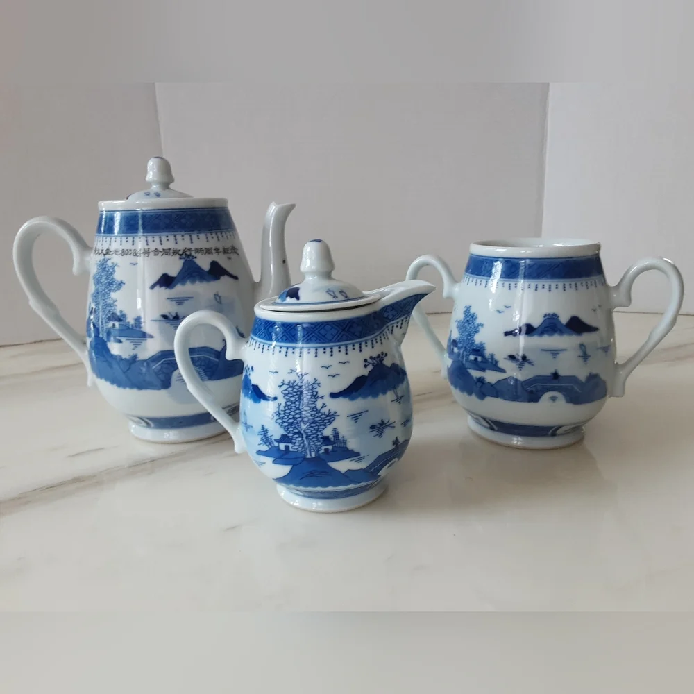 Jingdezhen Porcelain Blue & White Canton 3 Piece Tea Set - Vtg